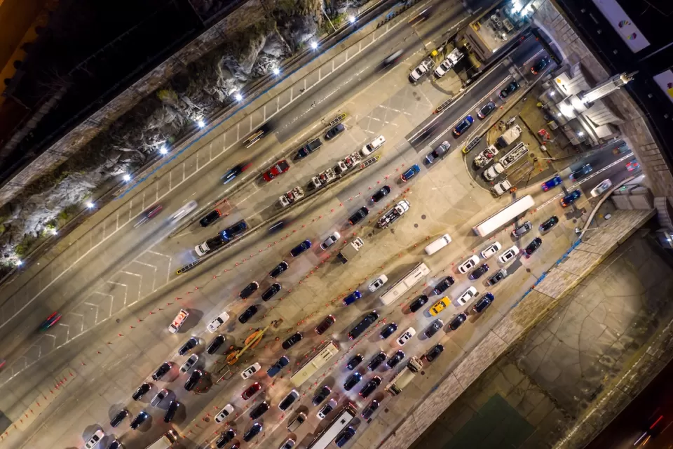 Bird's eye view of traffic entering Lincoln Tunnel in Weehawken, New Jersey heading into Manhattan, New York City.